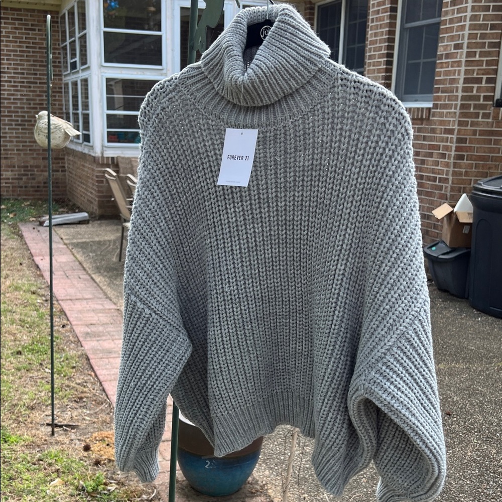 Forever 21 Light Gray Chunky Knit Turtleneck Poncho Sweater